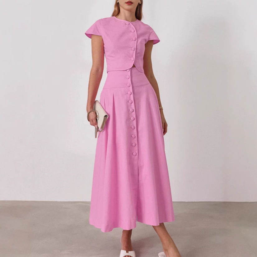 A-line long skirt set women's pink shirt and skirt two-piece set 