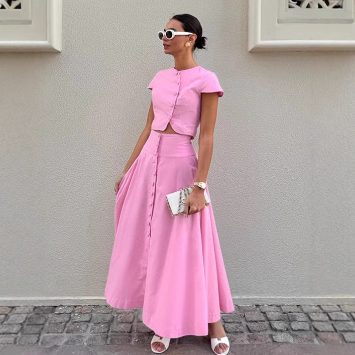 A-line long skirt set women's pink shirt and skirt two-piece set 
