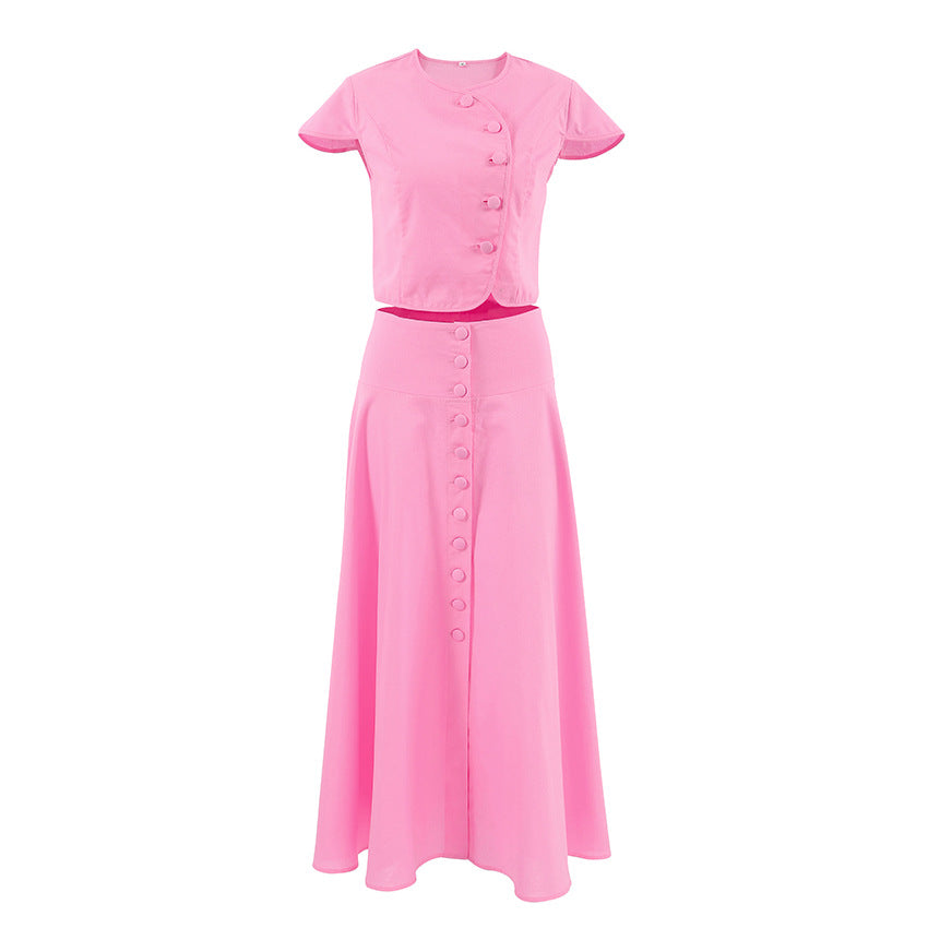 A-line long skirt set women's pink shirt and skirt two-piece set 